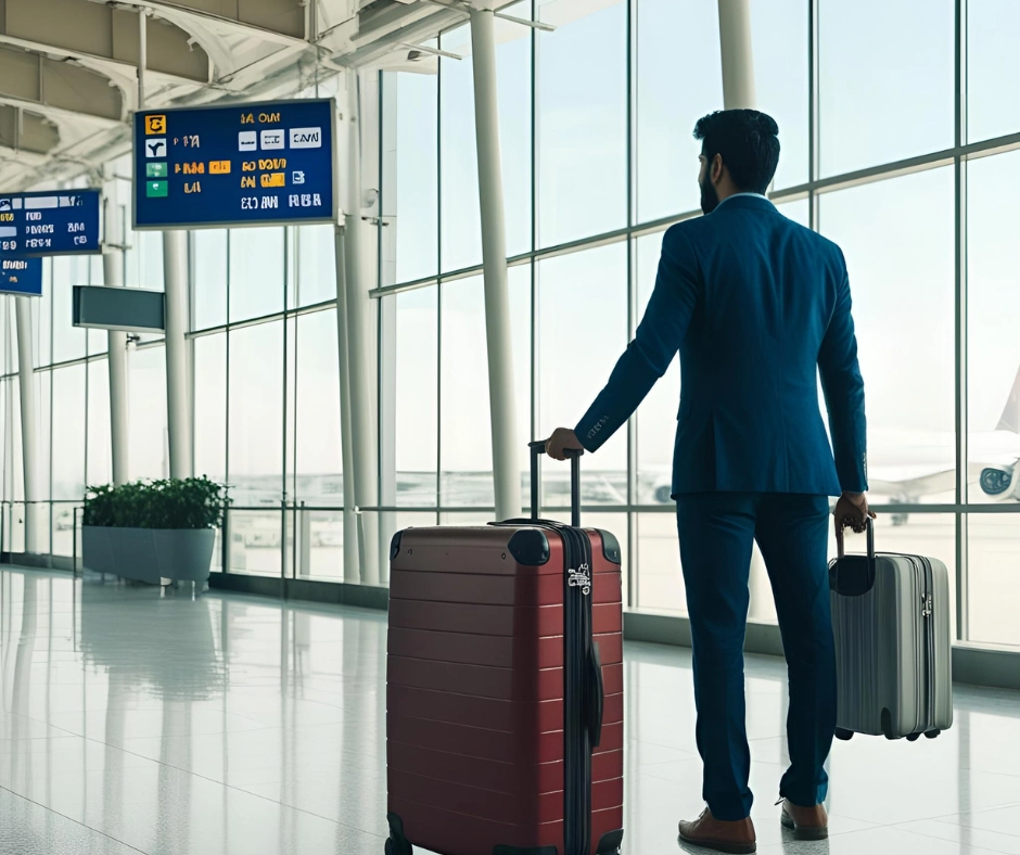 A man walking through an airport terminal carrying a suitcase, ready to embark on a journey of self-discovery and personal growth