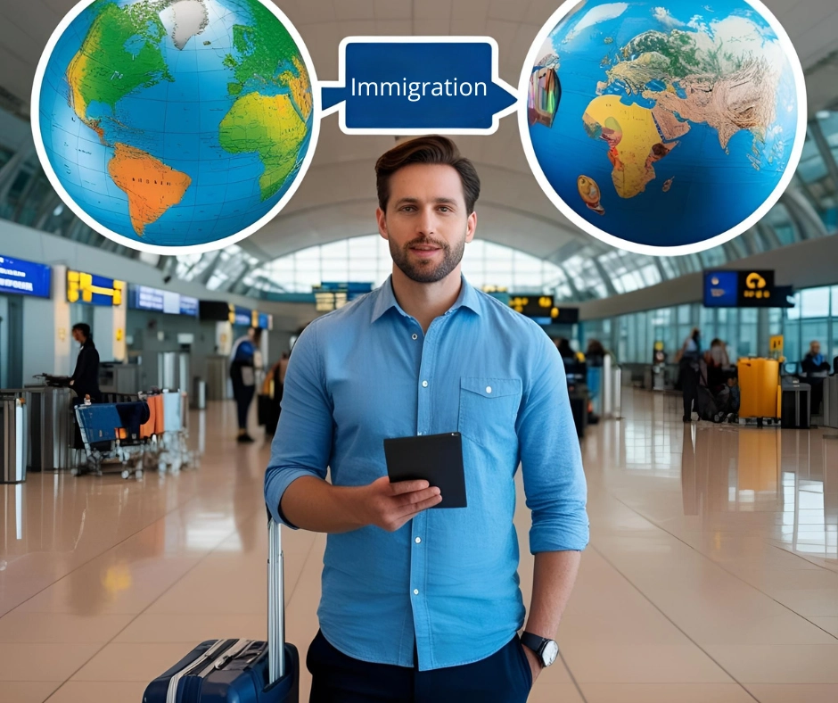 Man at airport with suitcase, planning immigration journey with globe graphics showing world map