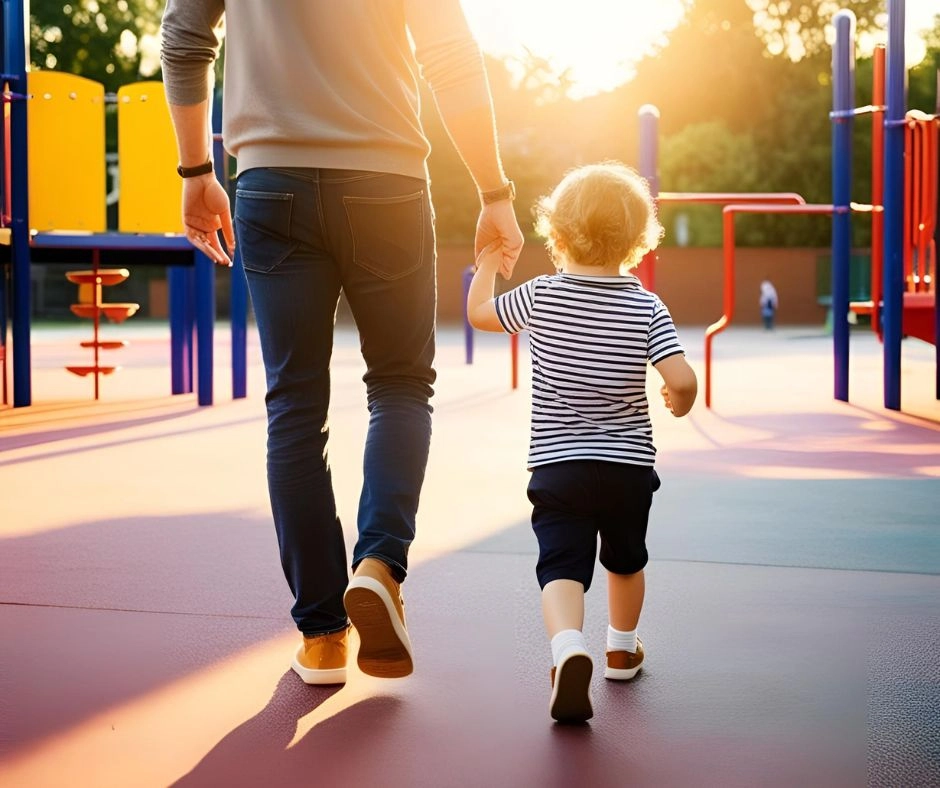 A parent and child walking hand-in-hand in a colorful outdoor playground during sunset. The child, wearing a striped shirt and shorts, walks confidently beside the adult, creating a warm and comforting family moment.