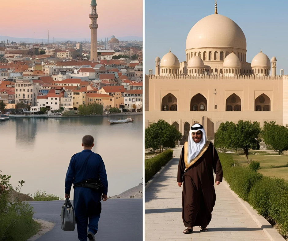 A visual contrast between life in Europe and the Arab world — blending traditional architecture and cultural identity in two different regions.