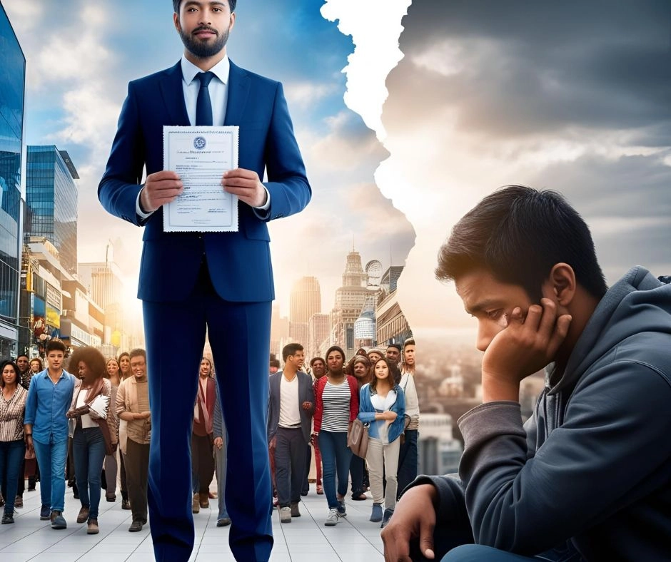 A split image showing the contrast between successful immigration and the struggles of asylum.