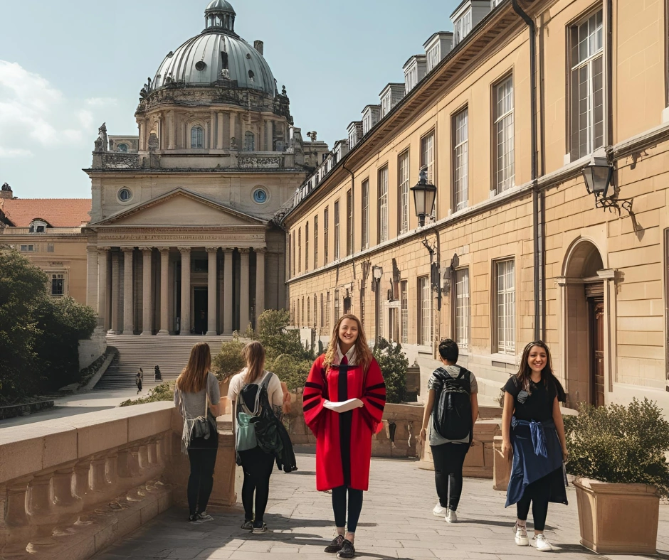 A proud graduate walking through a historic university campus in Europe, surrounded by fellow students.