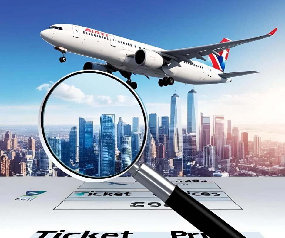 Airplane flying over a modern city skyline with a magnifying glass highlighting buildings, symbolizing flight search and ticket prices.