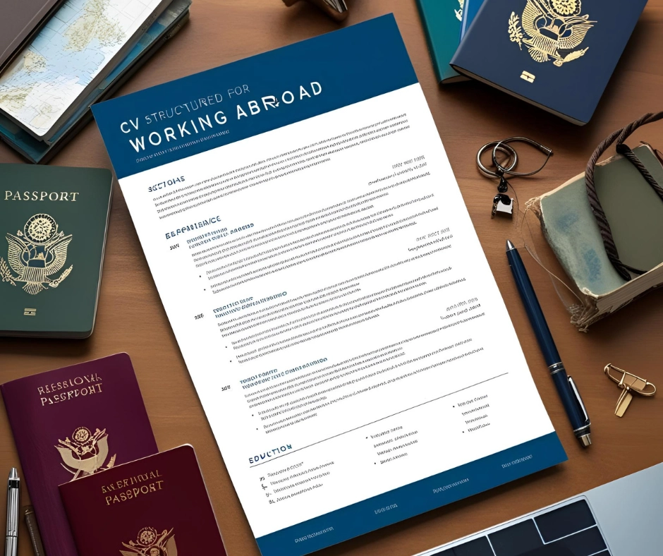 A CV tailored for working abroad lies on a desk surrounded by passports, travel essentials, and a laptop, symbolizing international job preparation.