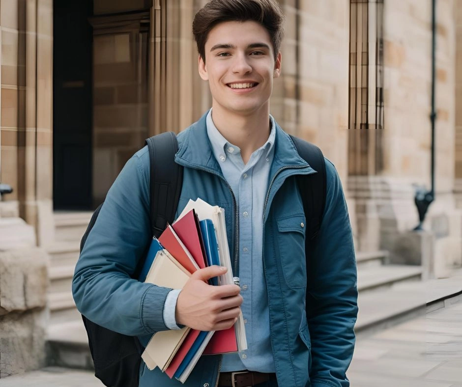 A smiling university student standing outside a campus building, holding folders and wearing a backpack.